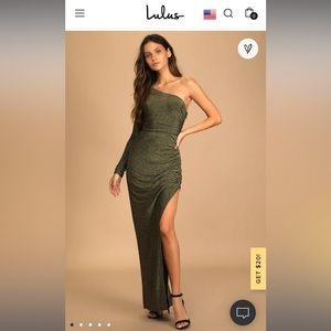 LuLu’s Precious Prize Gold Metallic One-Shoulder Long Sleeved Maxi Dress Size XL
